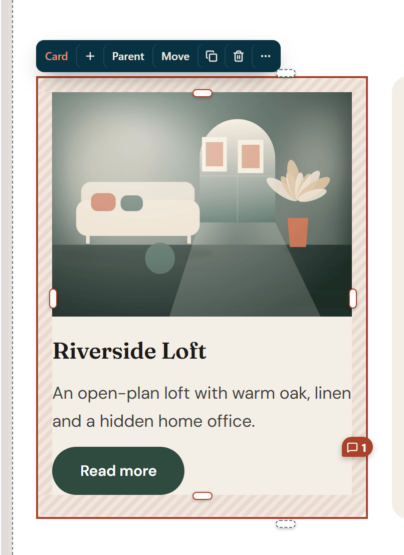 A card selected on the canvas with its padding handles on the inside edges and margin handles above and below