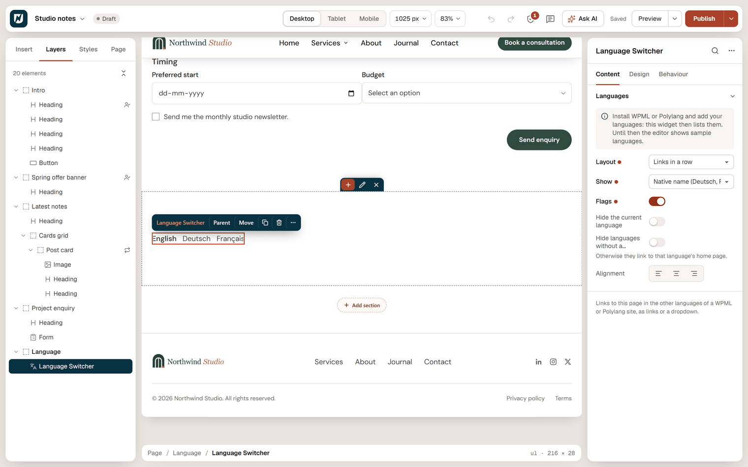 The Language Switcher widget selected in the editor with sample languages English, Deutsch and Français, and its settings in the inspector