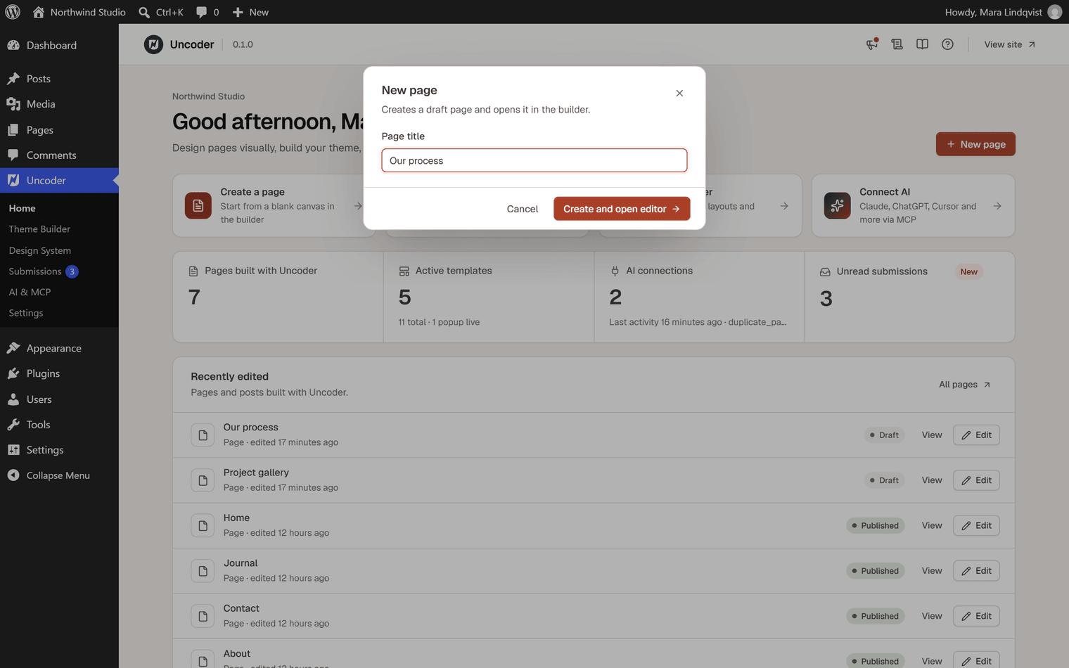 The New page dialog on the Urmi home screen with the title Our process
