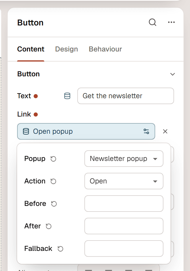 The Button's Link setting with the Open popup tag and its settings: Popup and Action set to Open