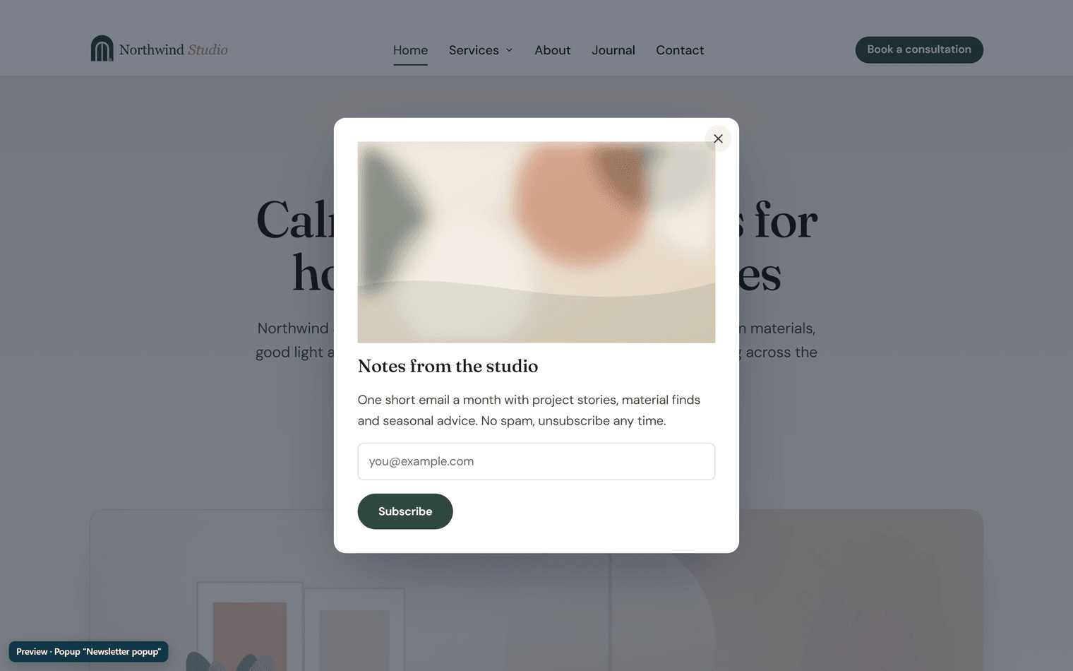 A newsletter popup open over the Northwind Studio home page, with an image, the title Notes from the studio, a short text, an email field and a Subscribe button