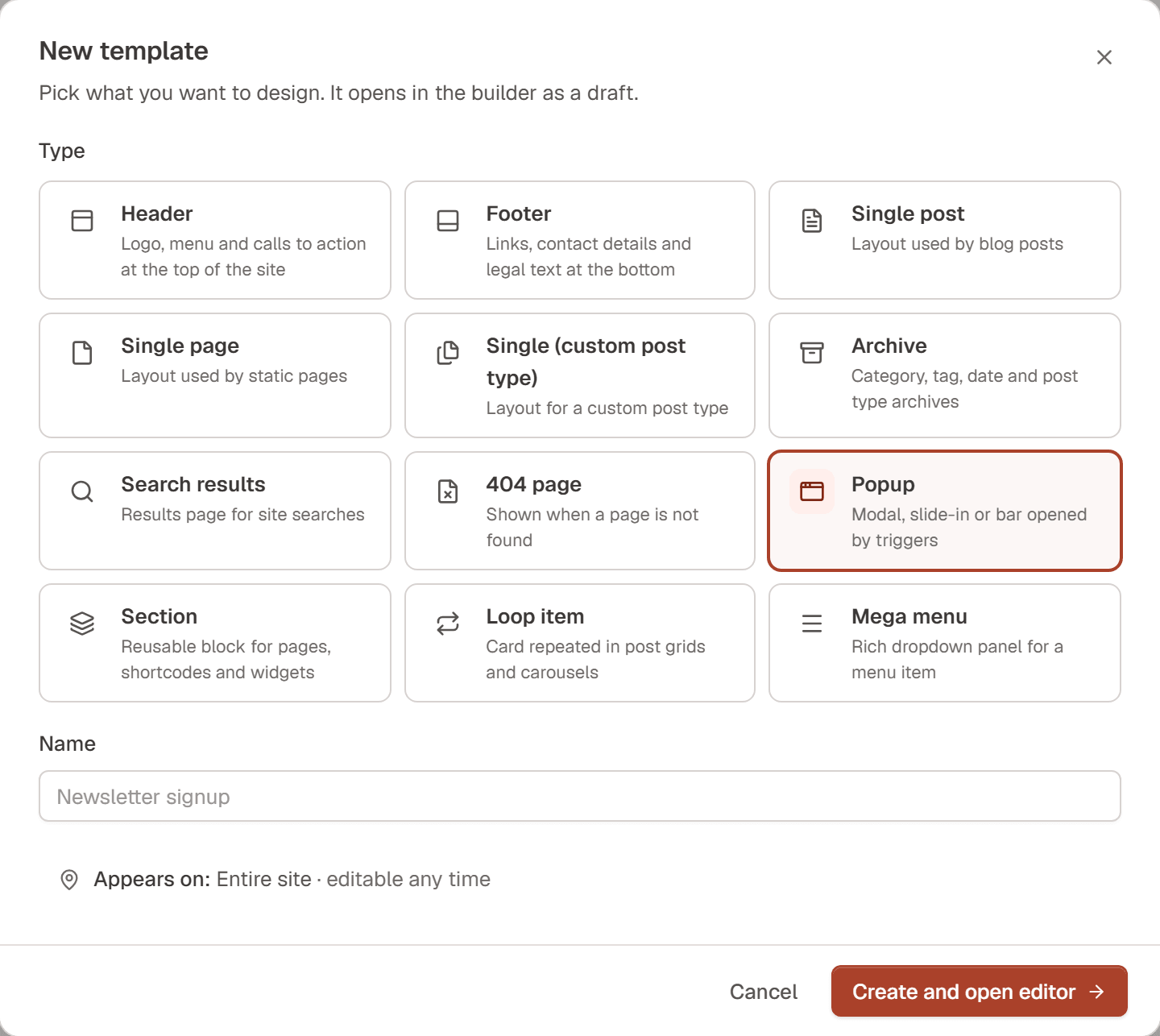 The New popup dialog with the name Holiday opening hours