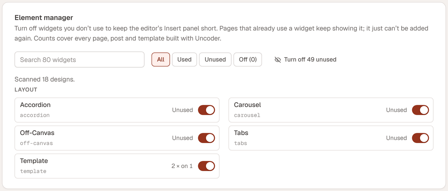 The Element manager with a search field, the filters All, Used, Unused and Off, and the Layout widgets with their usage counts and switches