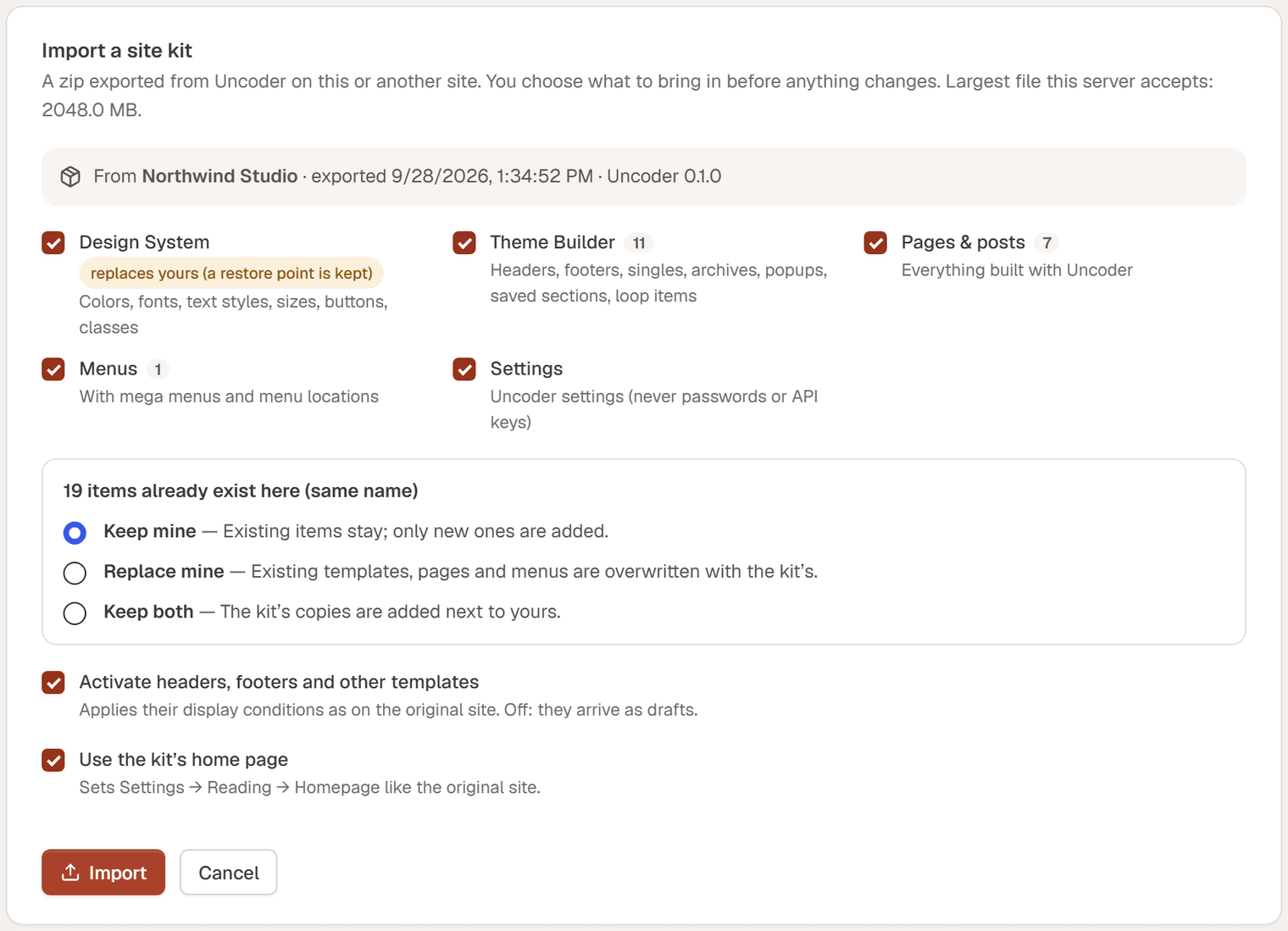 The Import a site kit card after choosing a file: the kit's origin and date, the parts with counts, 31 items that already exist with Keep mine, Replace mine and Keep both, and the options to activate templates and use the kit's home page