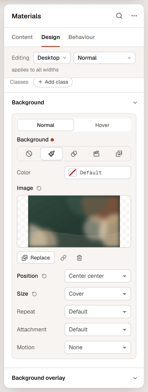 The Background section of the Materials section with the Classic type, a background image, Position Center center, Size Cover and Motion None