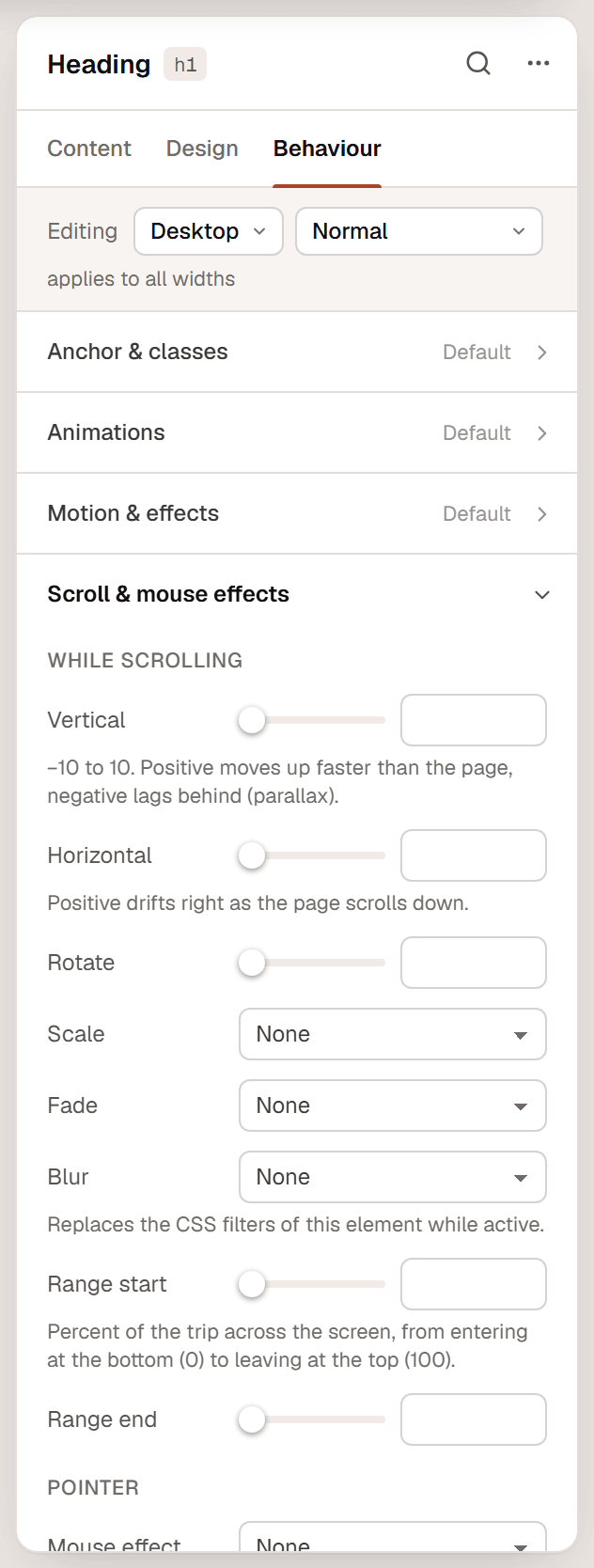 The Scroll & mouse effects section with While scrolling (Vertical, Horizontal, Rotate, Scale, Fade, Blur, Range start and Range end) and Pointer (Mouse effect, Apply on)
