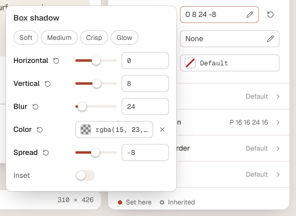 The Border & shadow section of a card container with the Box shadow editor open, showing the presets Soft, Medium, Crisp and Glow and the Horizontal, Vertical, Blur, Color, Spread and Inset fields