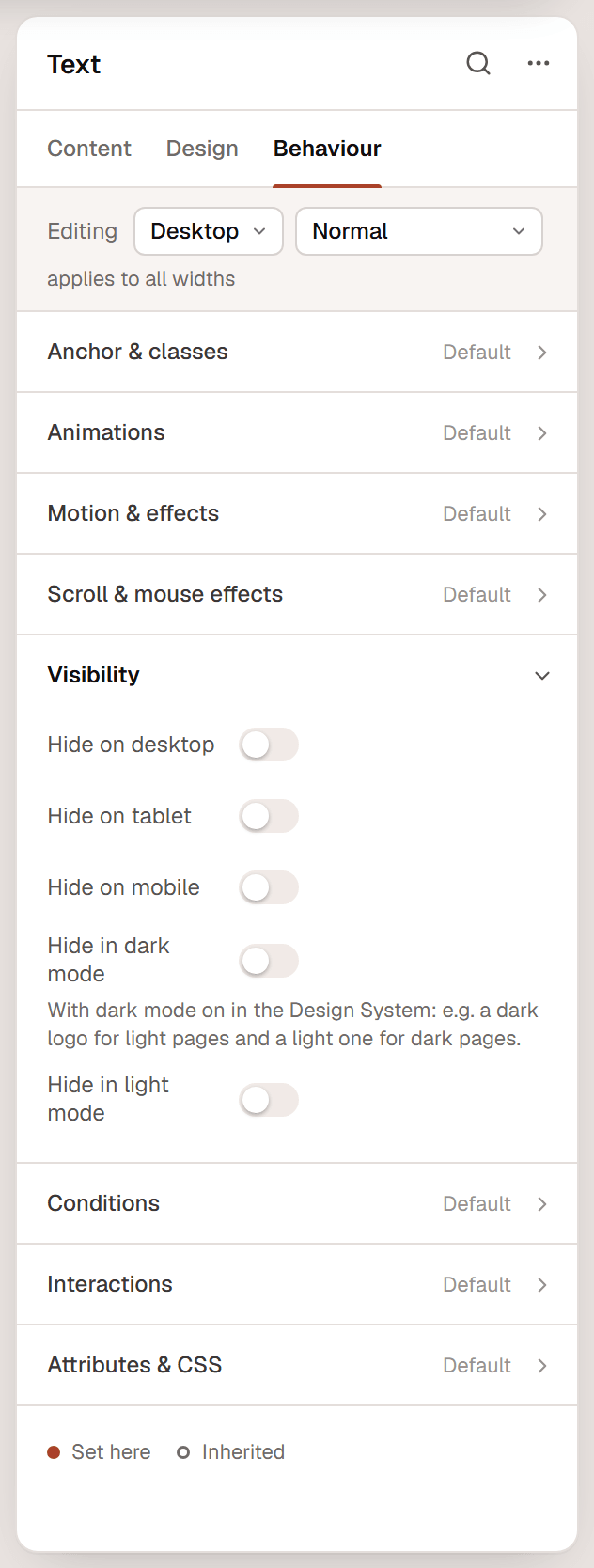 The Visibility section of a heading's Behaviour tab with the switches Hide on desktop, Hide on tablet, Hide on mobile, Hide in dark mode and Hide in light mode