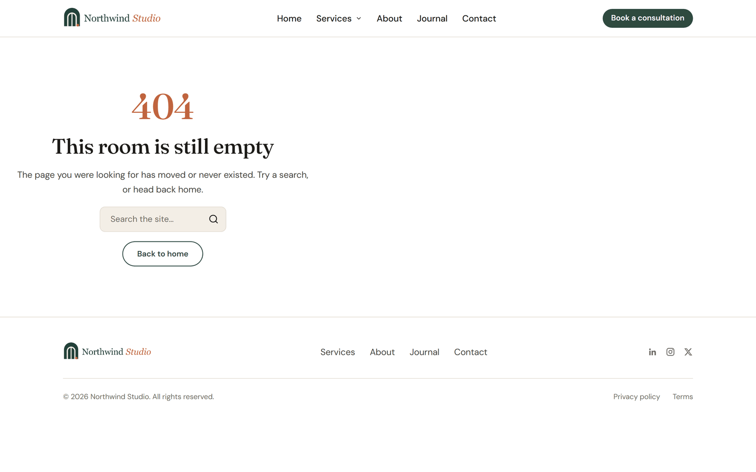 The Northwind Studio 404 page on the live site: a large 404, the title This room is still empty, a short message, a search box and a Back to home button