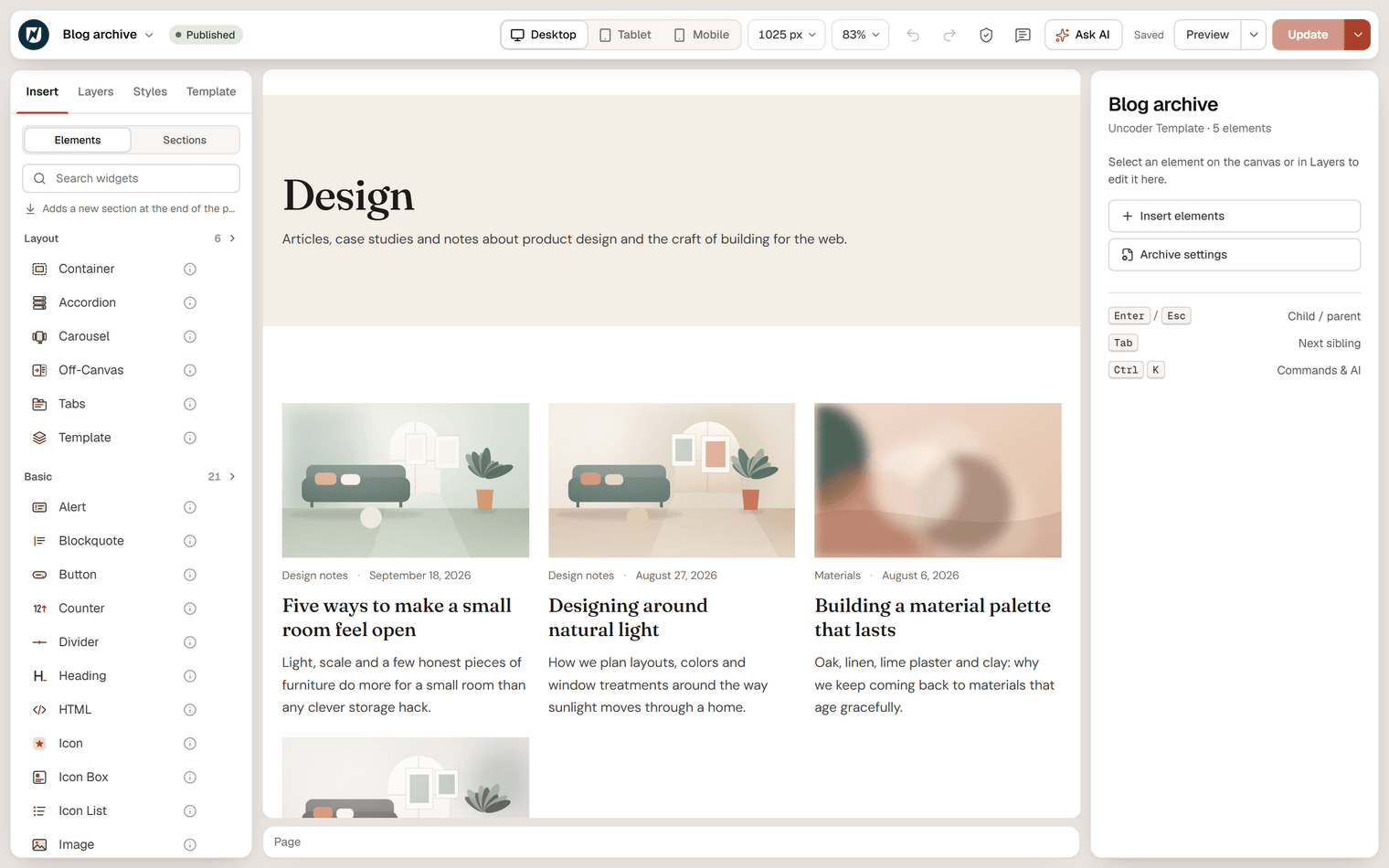 The Blog archive template in the editor with an archive title and a grid of post cards