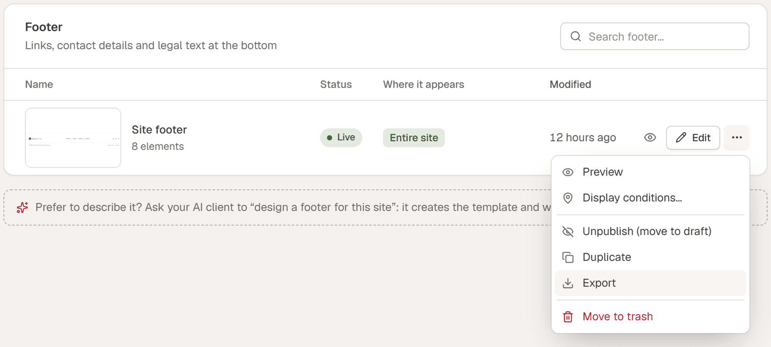 The Theme Builder footer list with the row menu open: Preview, Display conditions…, Copy shortcode, Unpublish (move to draft), Duplicate, Export and Move to trash