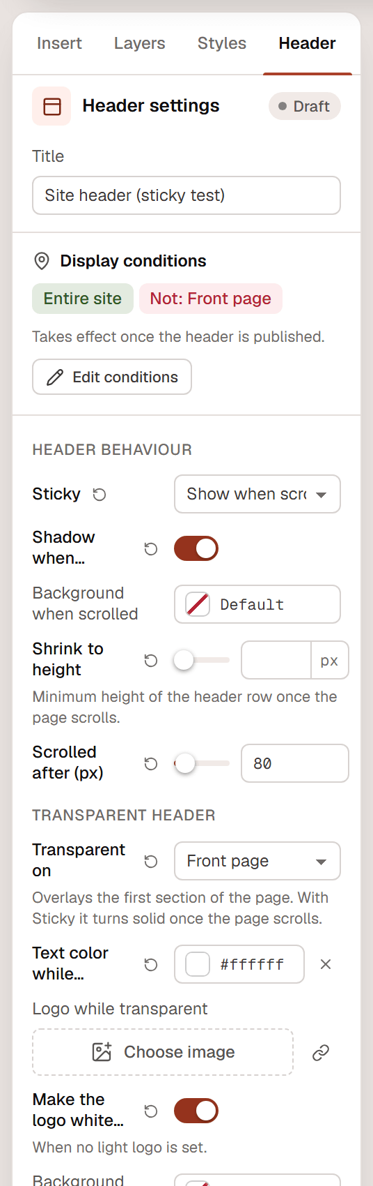 The Header settings panel with Display conditions, and Header behaviour set to Show when scrolling up, a shadow, a shrink height and a transparent header on the front page