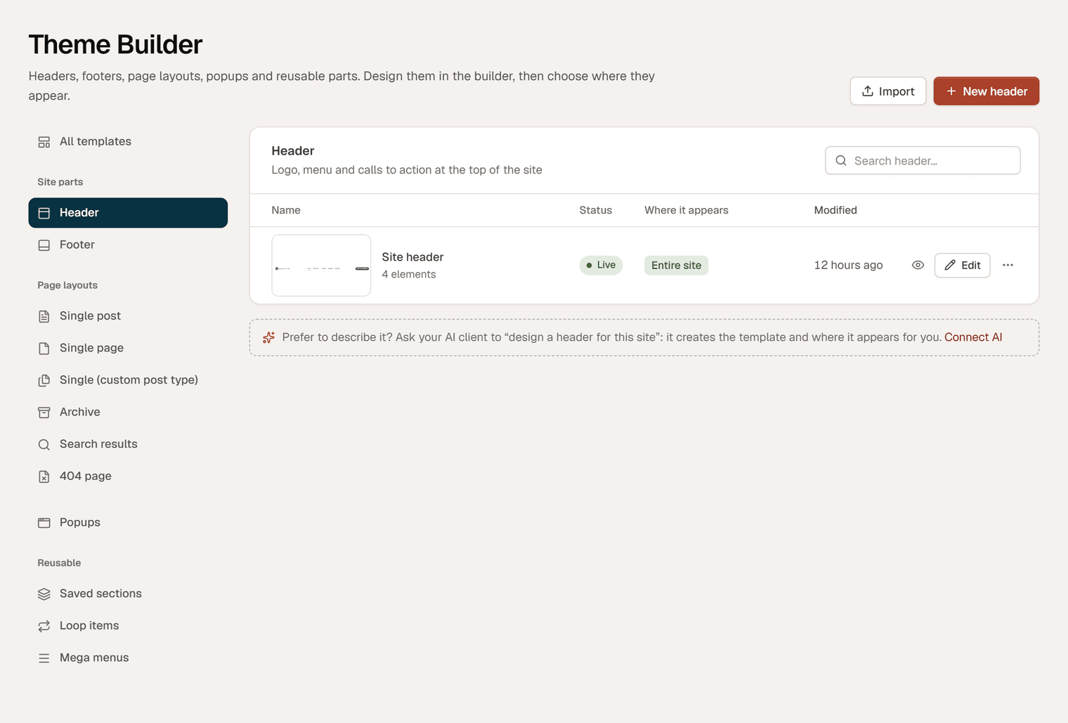 The Header section of the Theme Builder with the published Site header and a draft copy, each with a live thumbnail