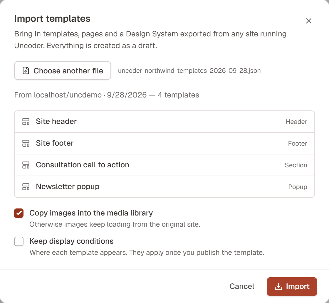 The Import templates dialog with an export file chosen: from localhost, four templates (Site header, Site footer, Consultation call to action, Newsletter popup), and the options Copy images into the media library and Keep display conditions
