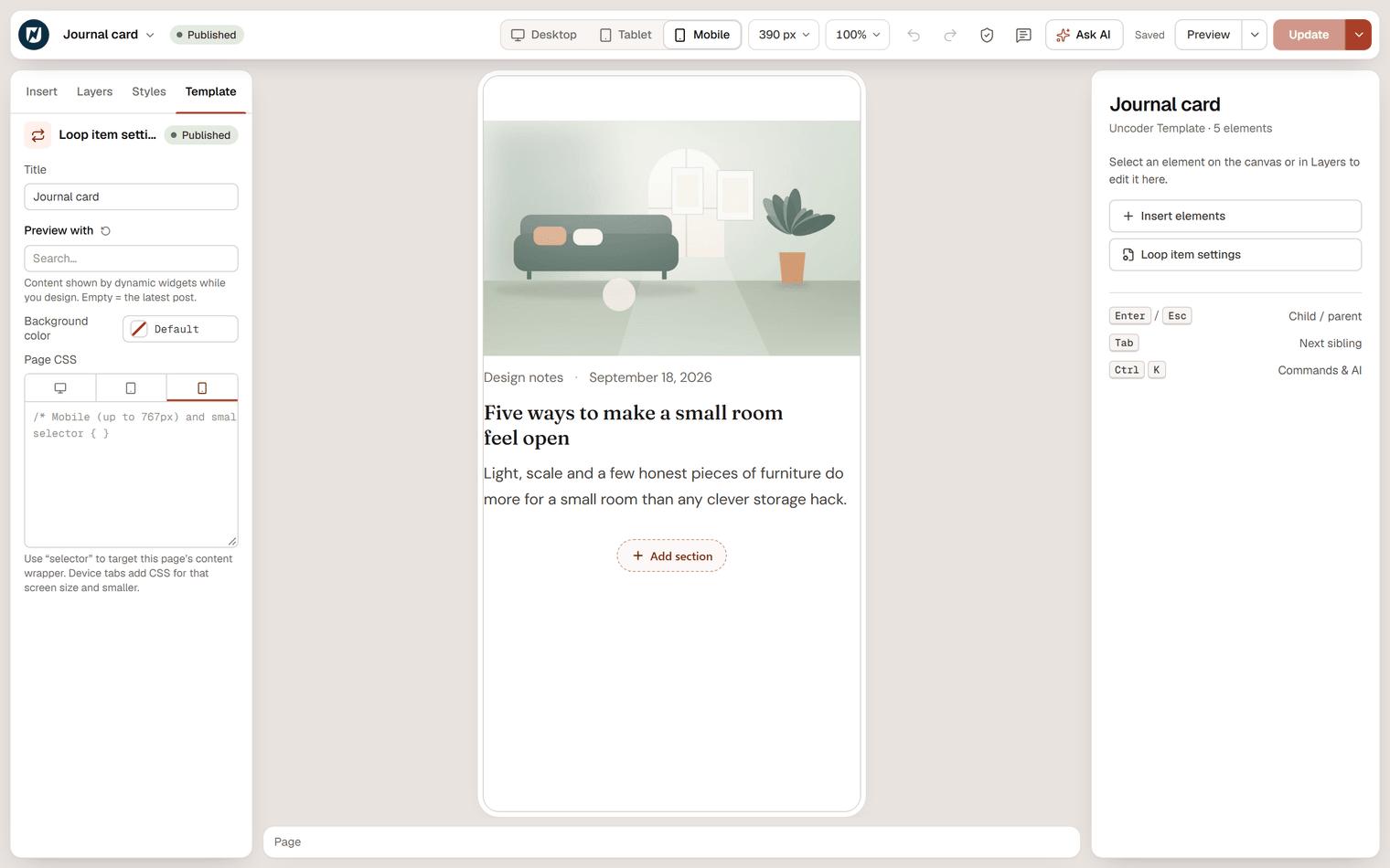 The Journal card loop item in the editor on the mobile canvas, showing a featured image, category and date, title and excerpt of a real post