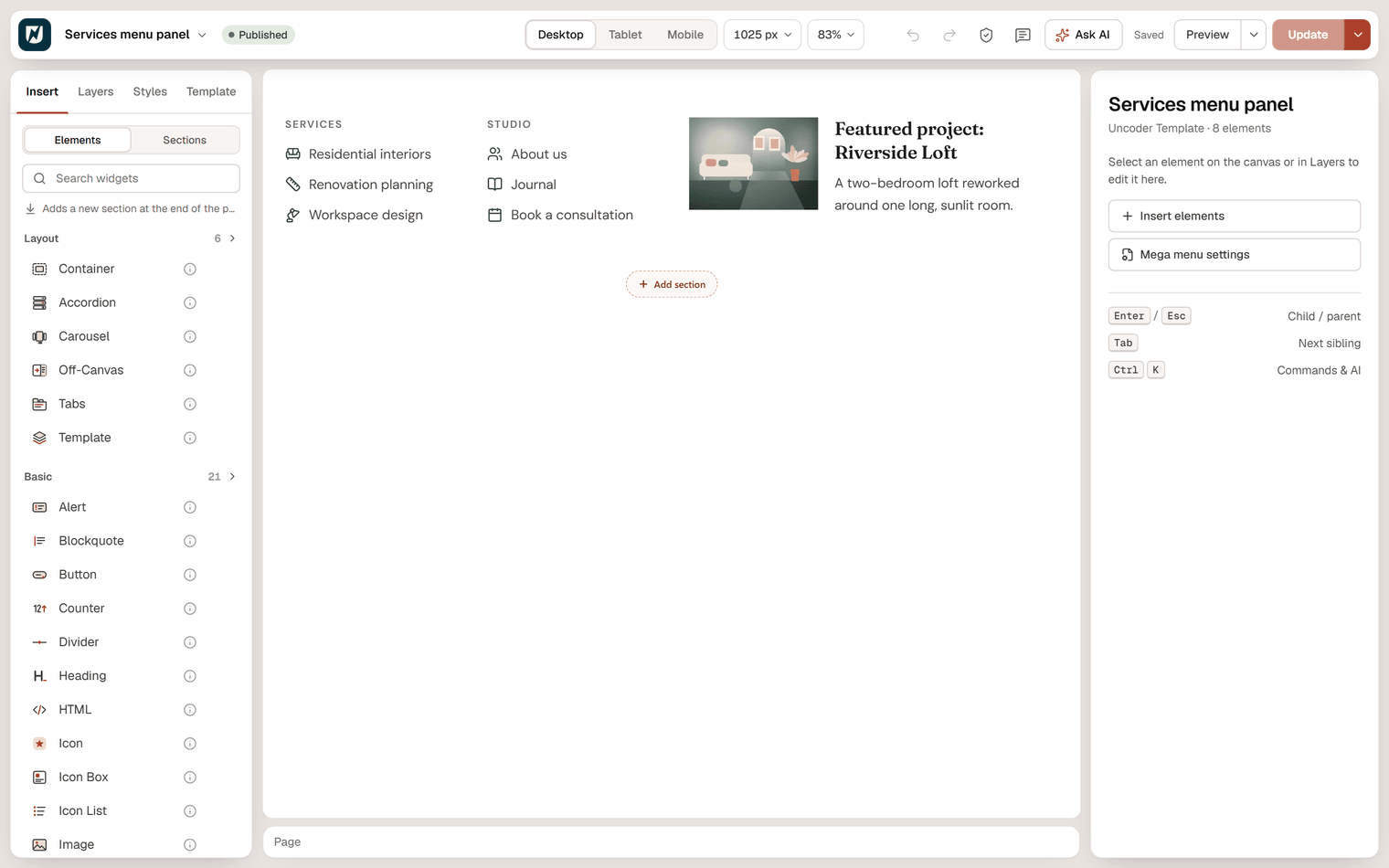A mega menu template in the editor: a Services column and a Studio column of icon links next to an image box