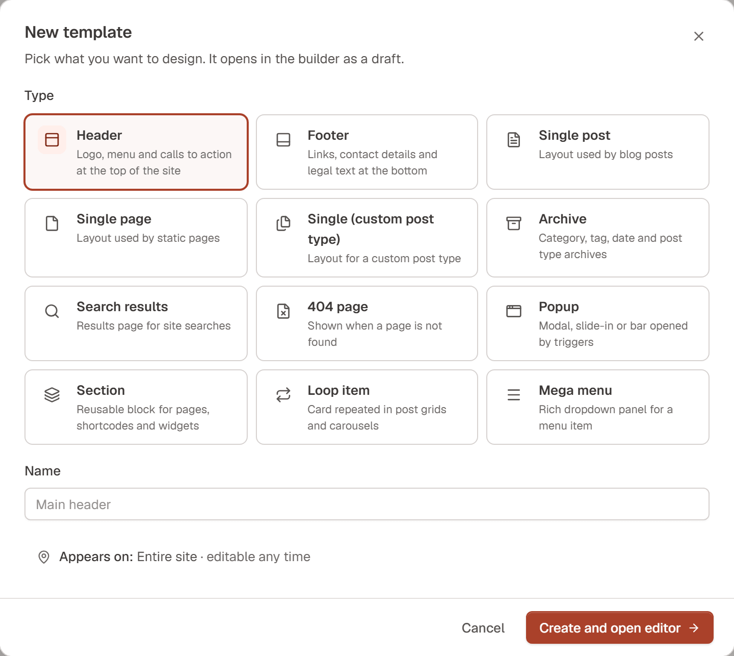 The New template dialog with template type cards (Header, Footer, Single post, Single page and more) and a Name field