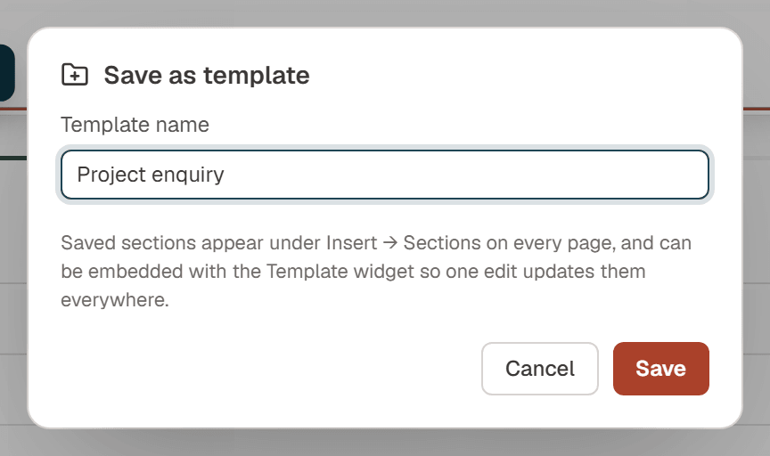 The Save as template dialog with the name Project enquiry