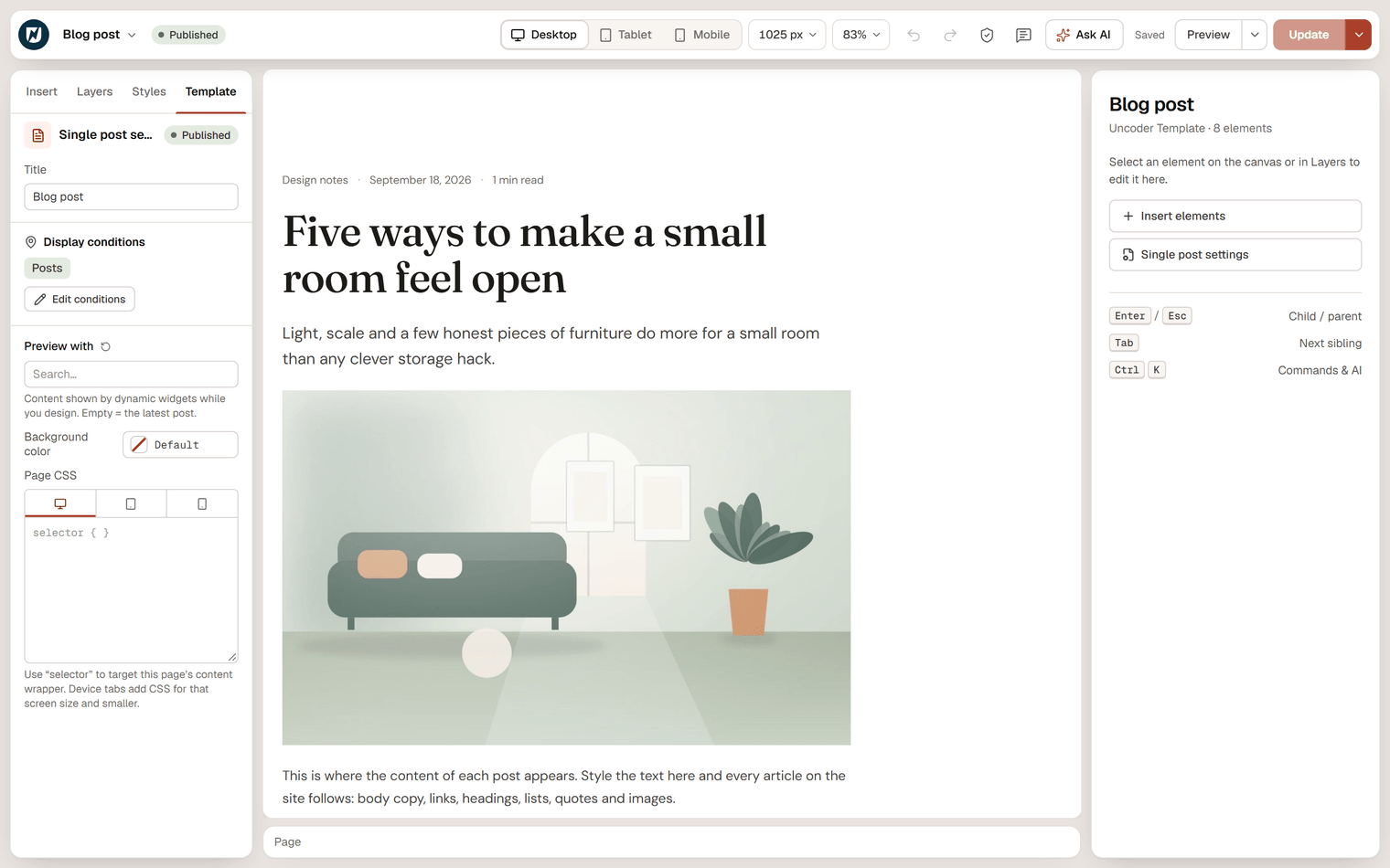 The Blog post template in the editor with the Template tab open showing Display conditions and Preview with; the canvas shows a real post with its title, date and featured image