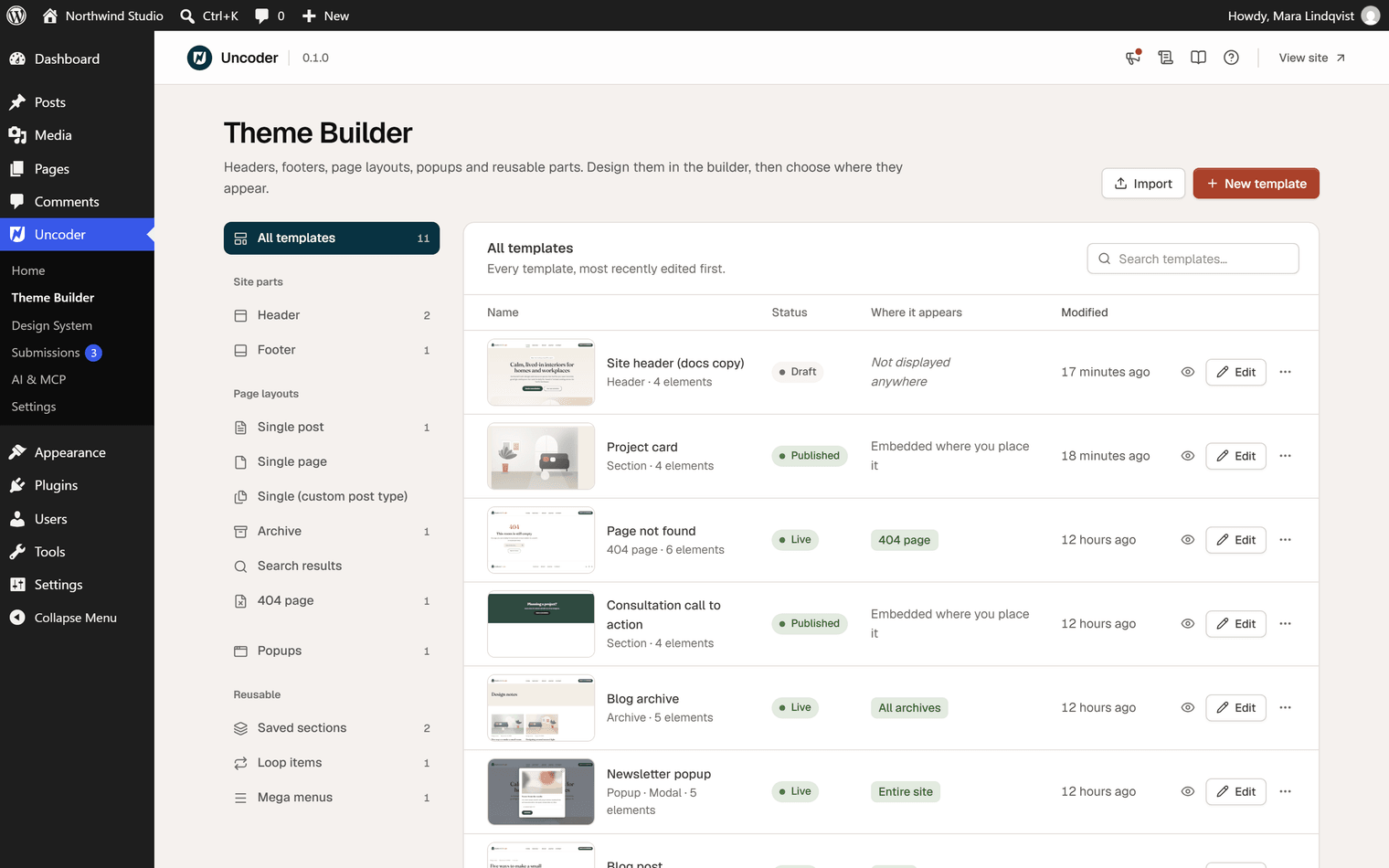 The Theme Builder screen with Template types on the left and a list of templates with live thumbnails, status and where each one appears