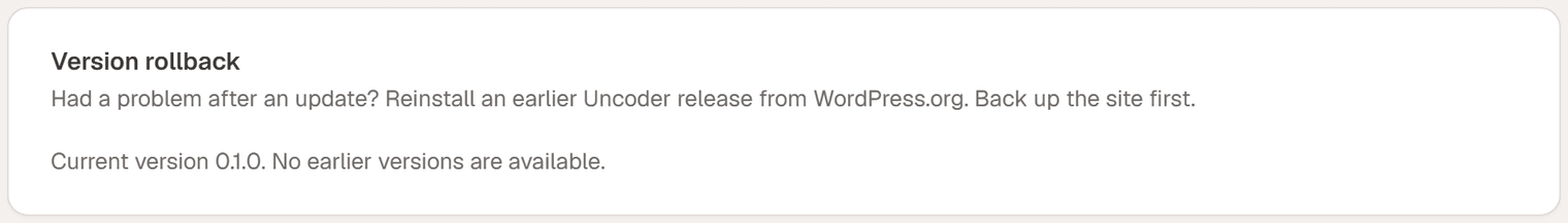 The Version rollback card: Current version 0.1.0. No earlier versions are available.