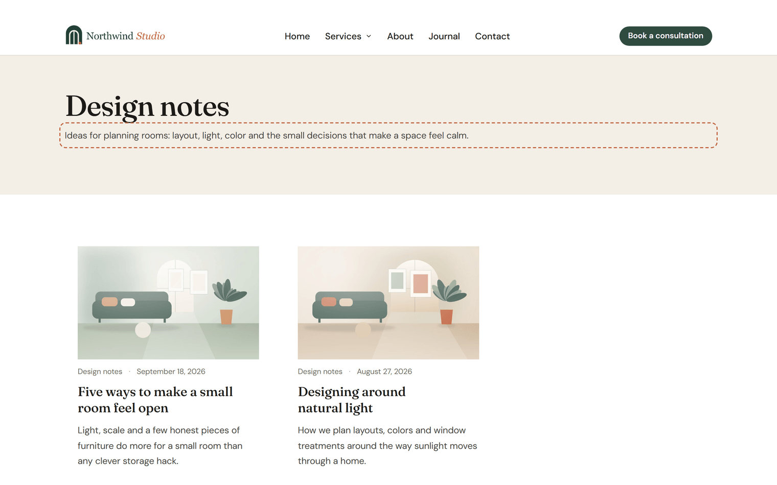A category archive page with the site header, the title Design notes, and the category description outlined below it, above a grid of blog cards