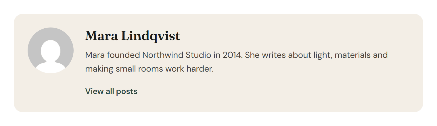 A beige rounded box with a round avatar, the name Mara Lindqvist, a two-line biography and a View all posts link