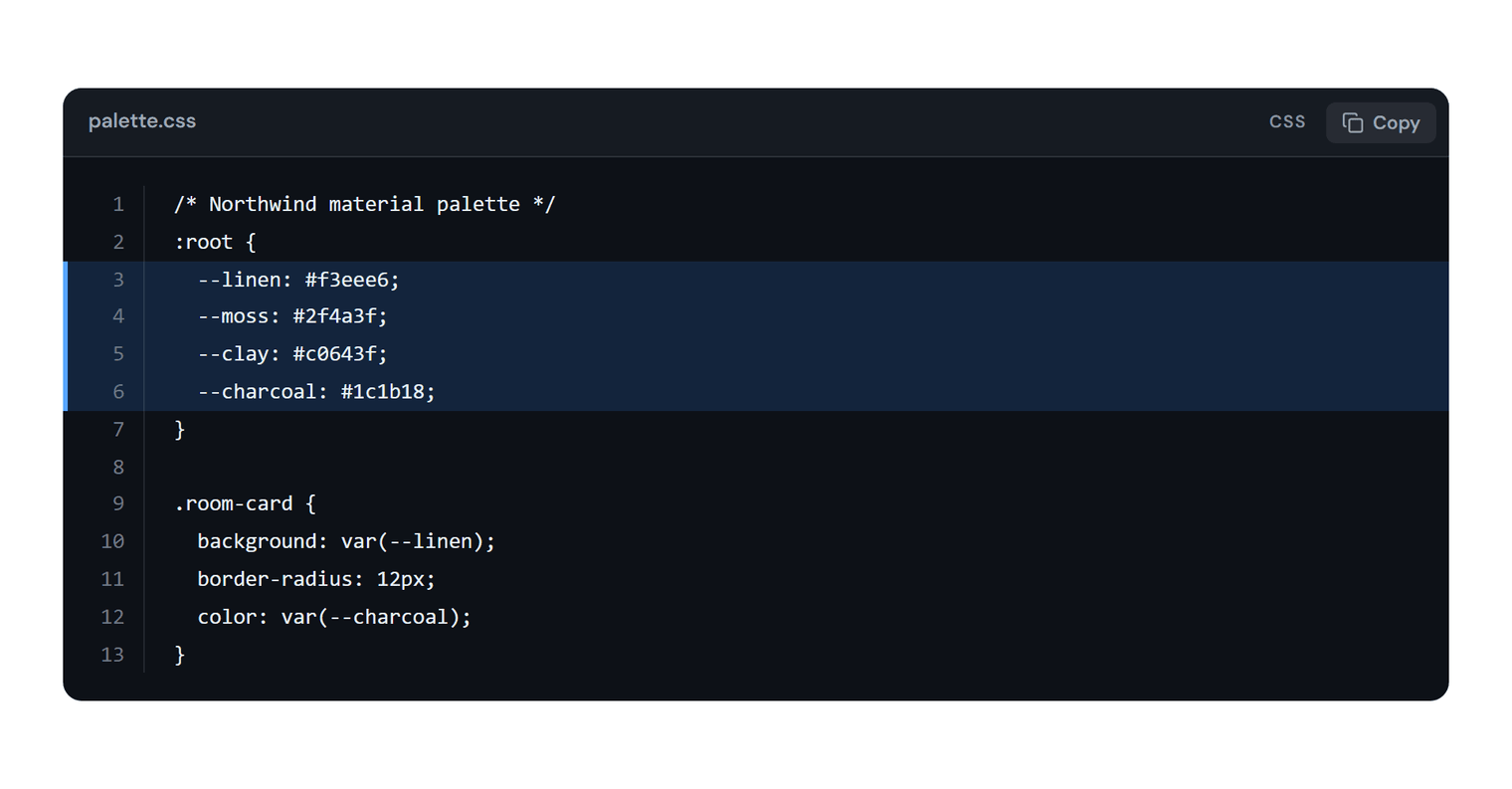 A dark code block titled palette.css with a CSS label and a Copy button, showing thirteen numbered lines of CSS; lines 3 to 6 are highlighted with a blue background and a blue marker on the left