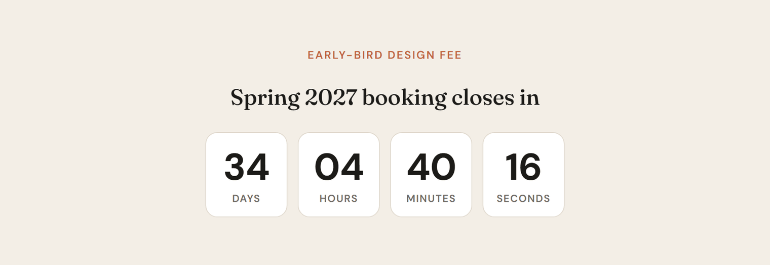 A countdown with four white boxes showing 34 days, 04 hours, 40 minutes and 16 seconds under the heading Spring 2027 booking closes in