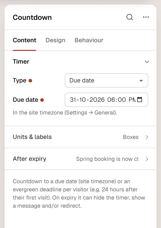 The Countdown settings in the inspector, with the Timer section open showing Type set to Due date and a date and time field