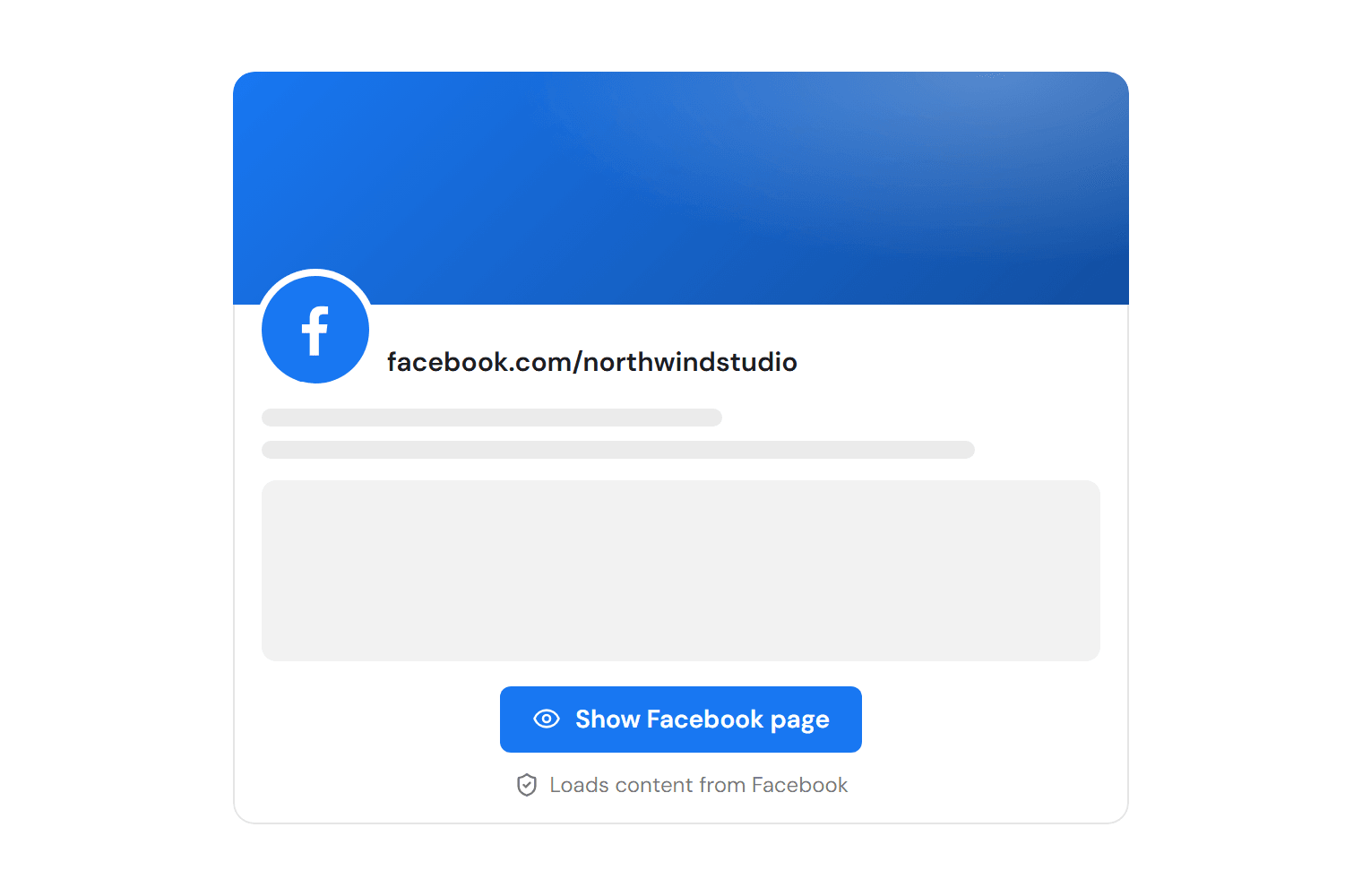 A click-to-load preview of a Facebook page: a blue cover area, a Facebook logo, the page address facebook.com/northwindstudio, placeholder lines and a Show Facebook page button with the note “Loads content from Facebook”