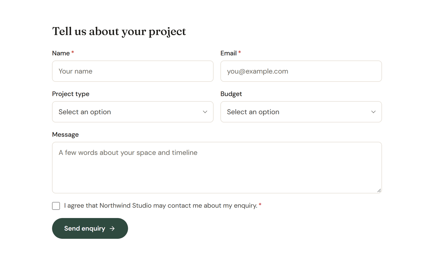 A form titled Tell us about your project with Name and Email fields side by side, Project type and Budget dropdowns, a Message box, a consent checkbox and a Send enquiry button