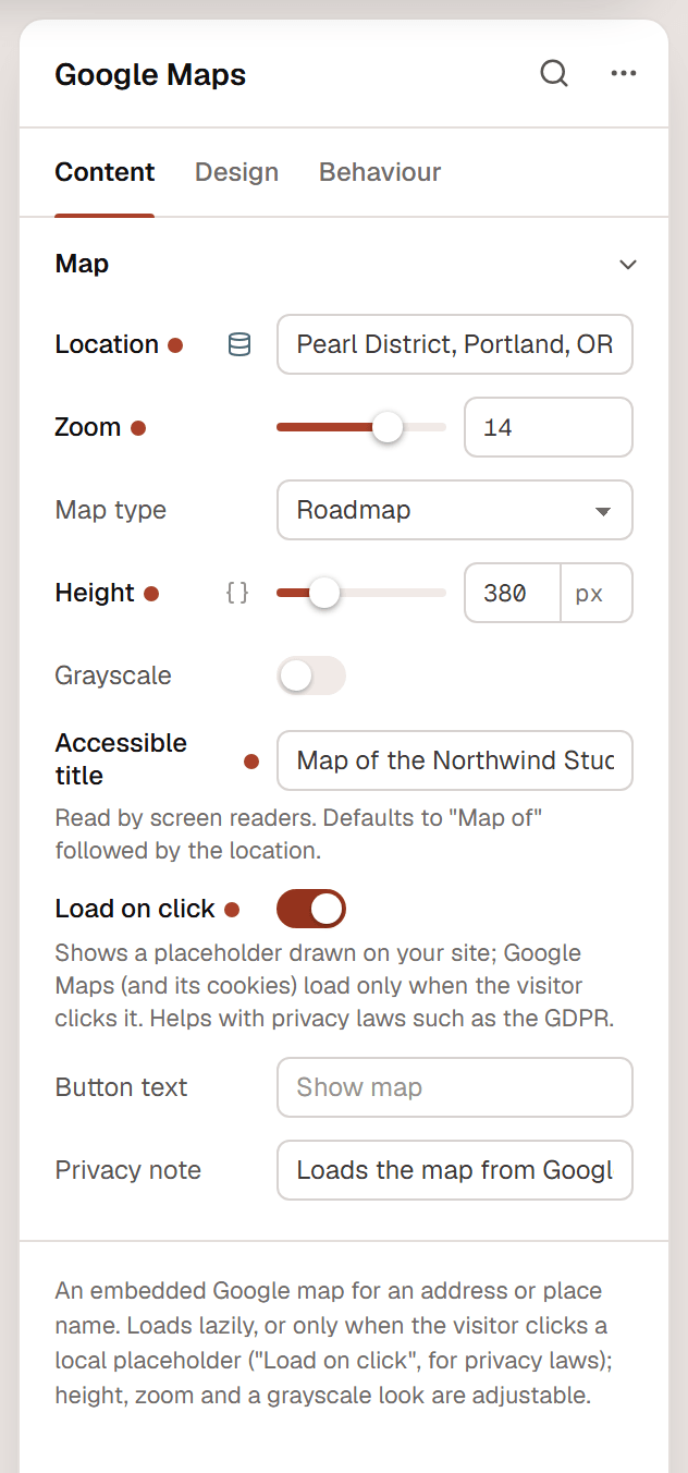 The Google Maps inspector with Location, Zoom, Map type, Height, Grayscale, Accessible title, Load on click turned on, Button text and Privacy note