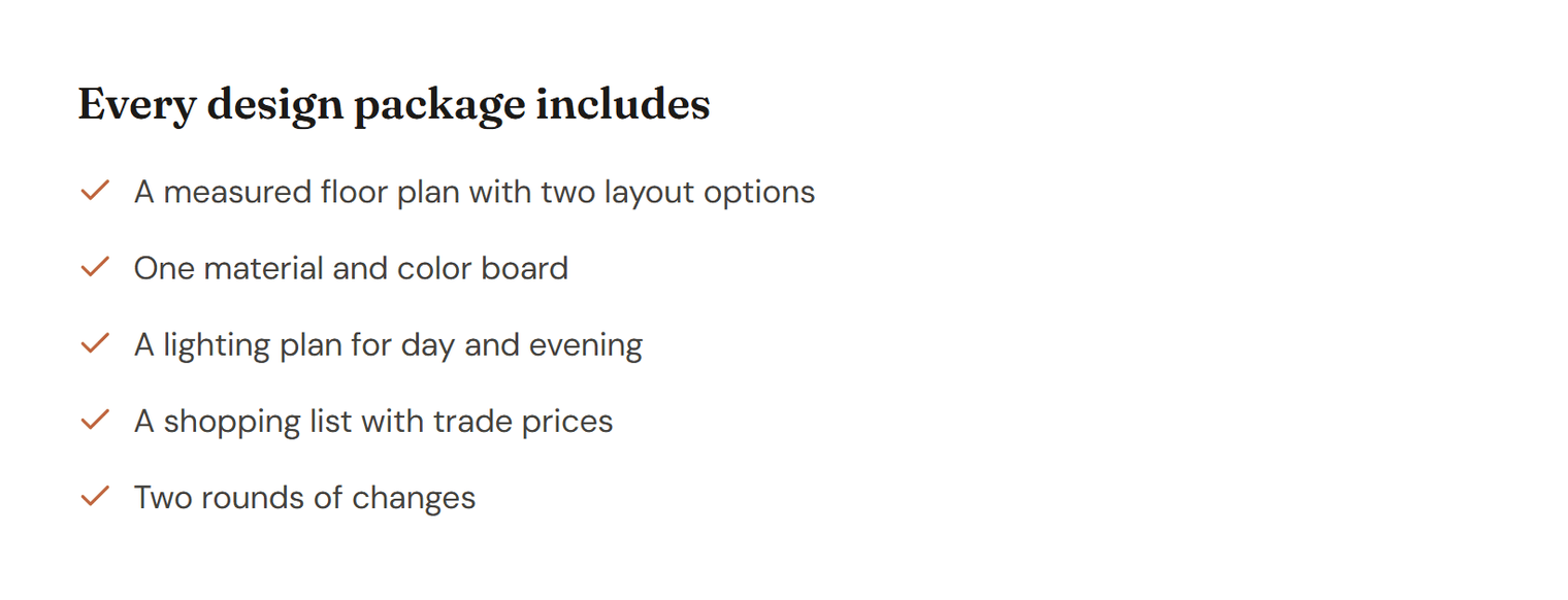 A heading “Every design package includes” above five items with terracotta check marks