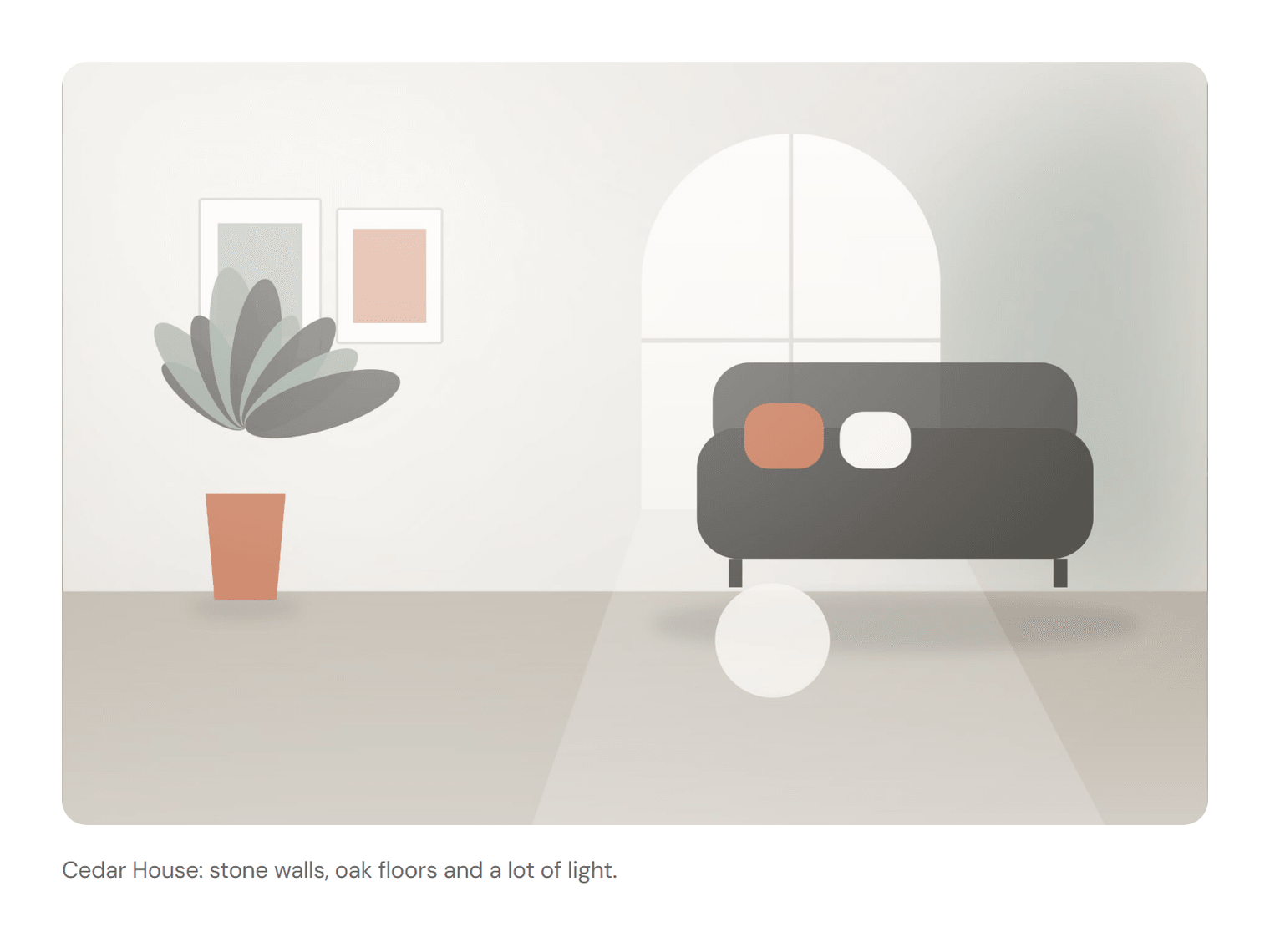 A photo of a calm living room with rounded corners and the caption “Cedar House: stone walls, oak floors and a lot of light.” below it