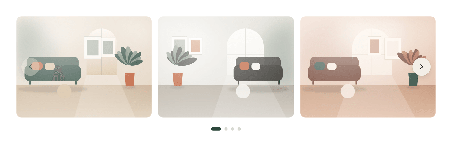 A row of three project images with rounded corners, an arrow button on the right and dots below