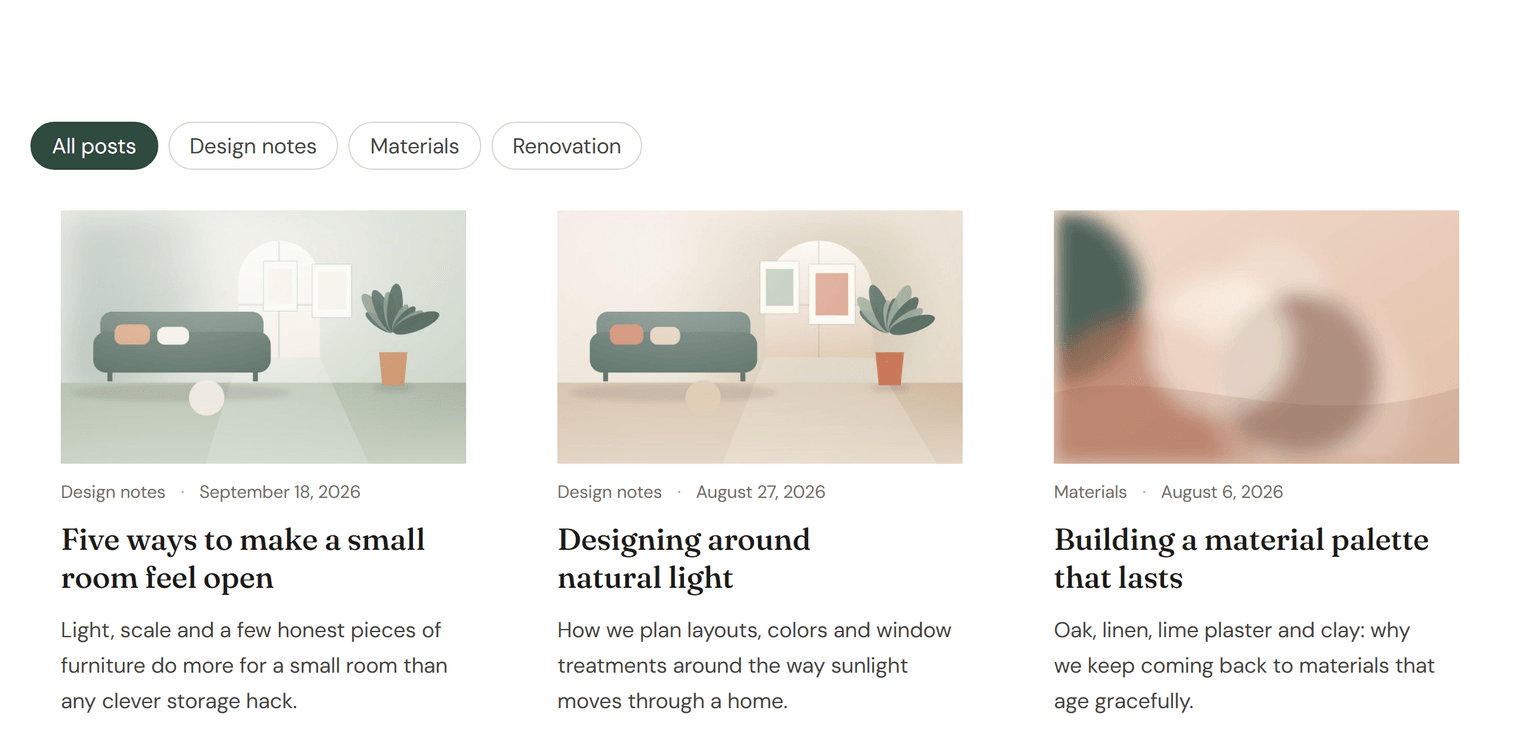 A row of pill buttons All posts, Design notes, Materials and Renovation, with All posts selected, above a grid of three blog cards