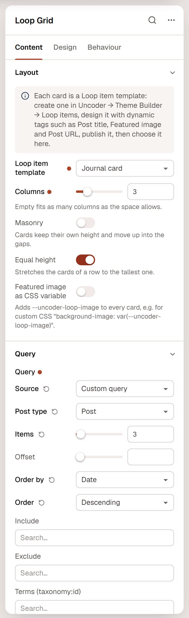 The Loop Grid settings with the Layout section showing Loop item template set to Journal card and Columns set to 3, and the Query section with Source, Post type, Items, Offset, Order by and Order