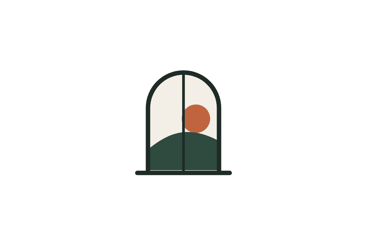 An illustration of an arched window with a terracotta sun above a green hill, drawn by the Lottie widget