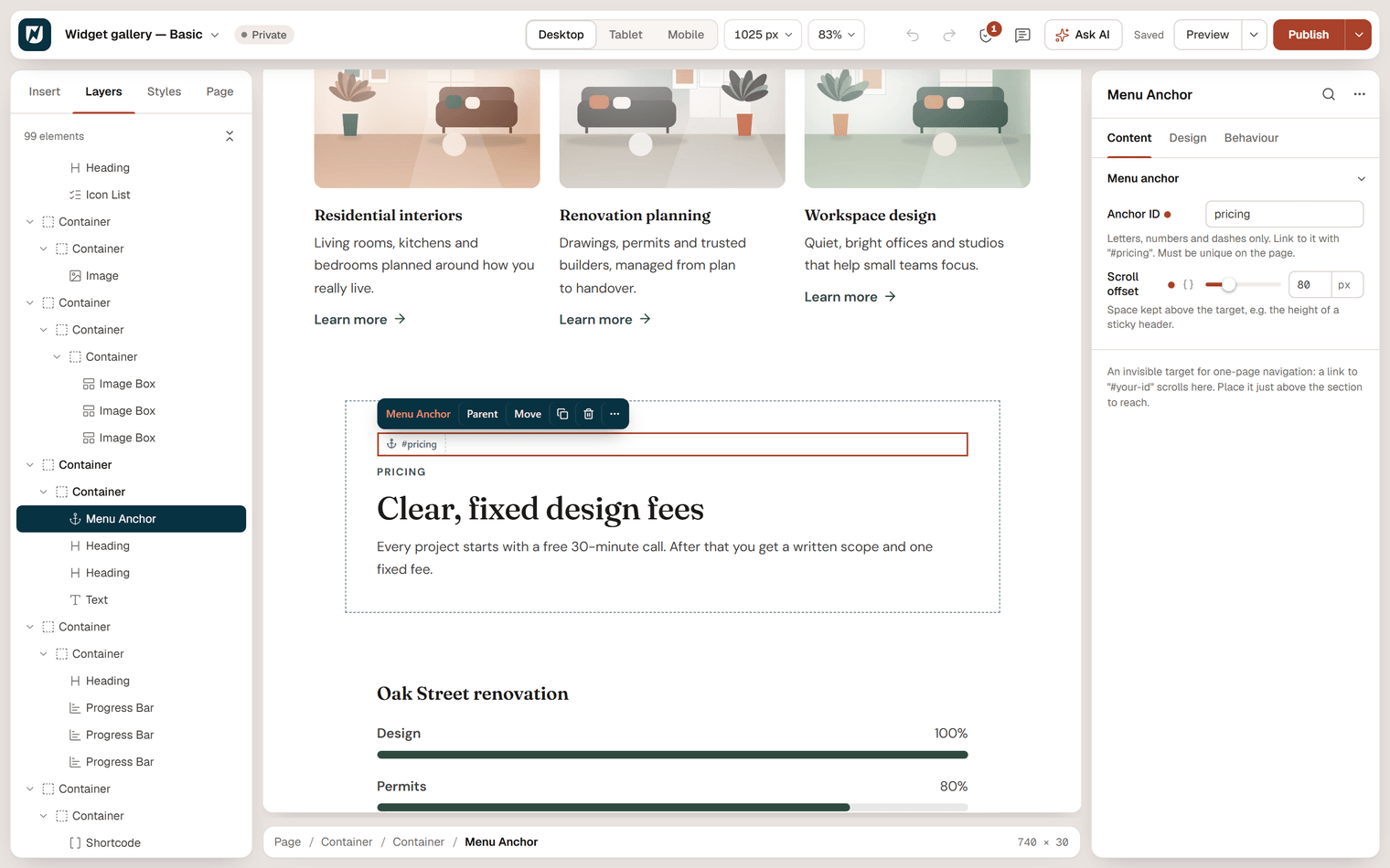 The editor with a Menu Anchor selected just above a Pricing section, showing the #pricing label on the canvas and the Anchor ID and Scroll offset settings in the inspector