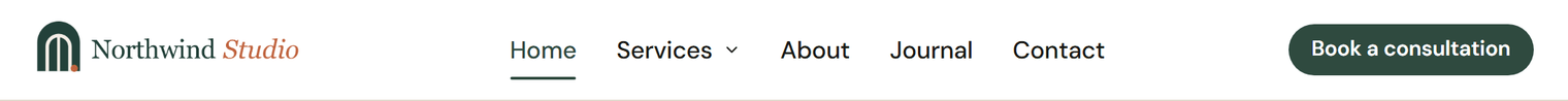 The Northwind Studio header: the logo on the left, the menu Home, Services with a dropdown arrow, About, Journal and Contact in the middle, with Home underlined, and a Book a consultation button on the right