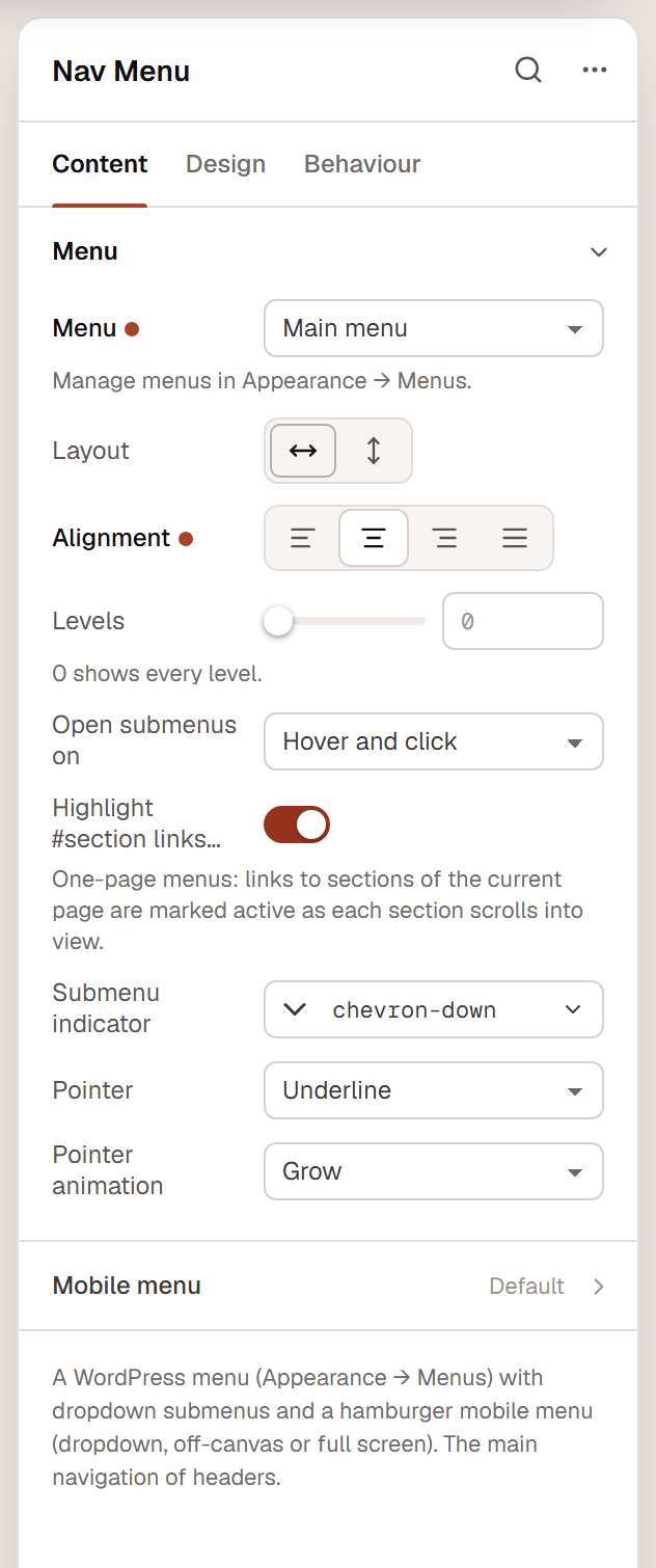 The Nav Menu settings with the Menu section open: Menu set to Main menu, Layout, Alignment, Levels, Open submenus on, Highlight section links, Submenu indicator, Pointer and Pointer animation