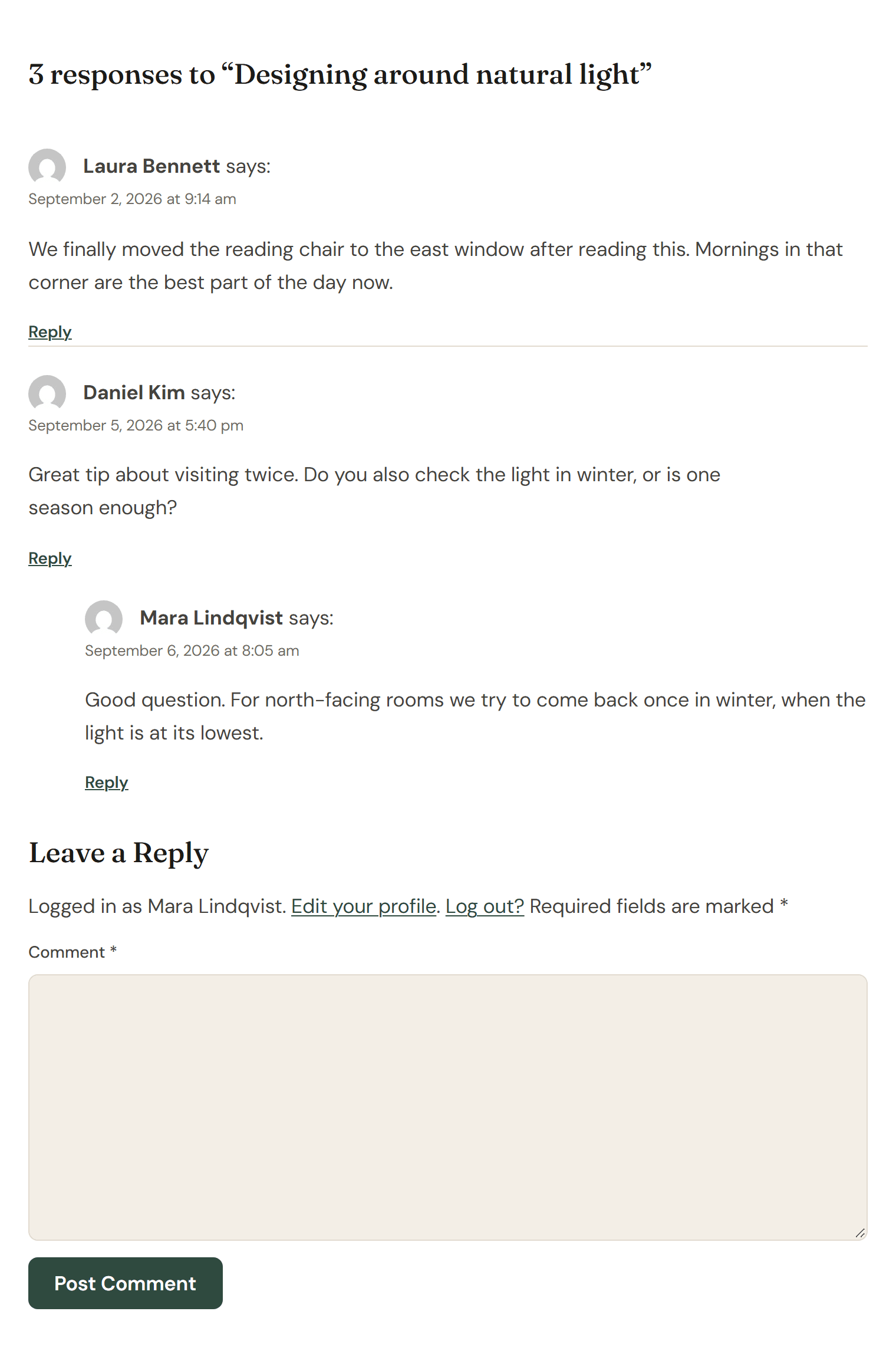 Three comments under a blog post: Laura Bennett and Daniel Kim each with a date, their text and a Reply link, and a nested reply from Mara Lindqvist, under the heading 3 responses to Designing around natural light