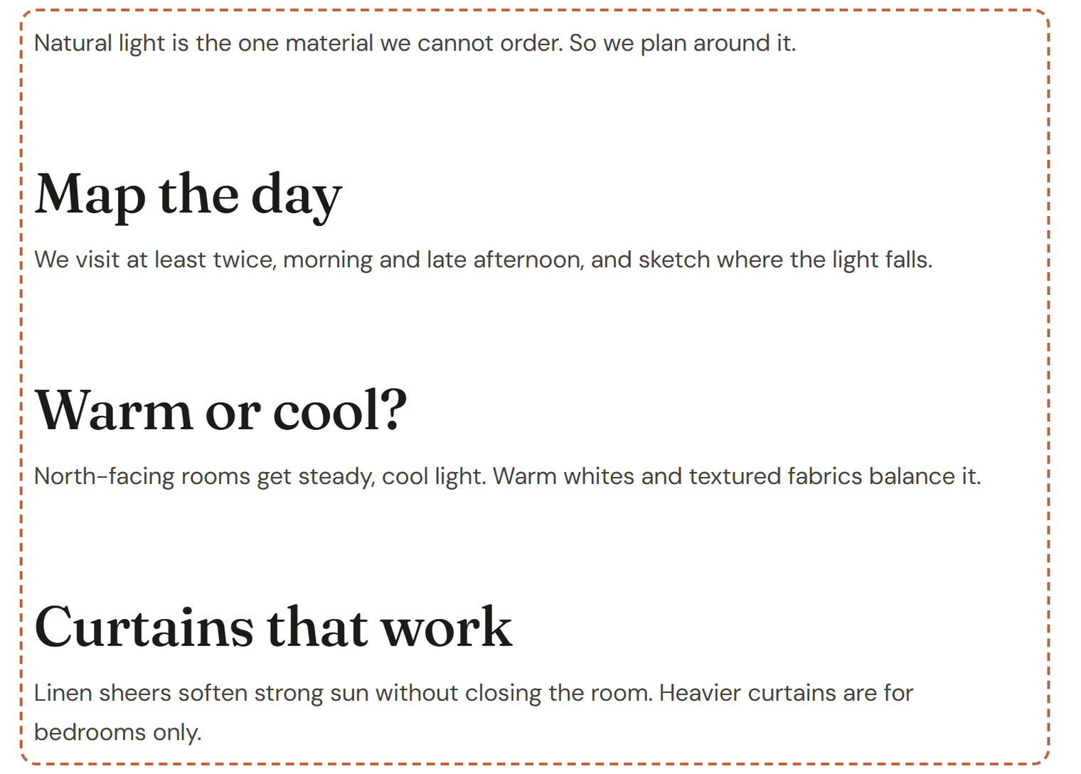 Blog post content outlined with a dashed line: an intro sentence, then three sections with large serif headings Map the day, Warm or cool? and Curtains that work, each with a short paragraph