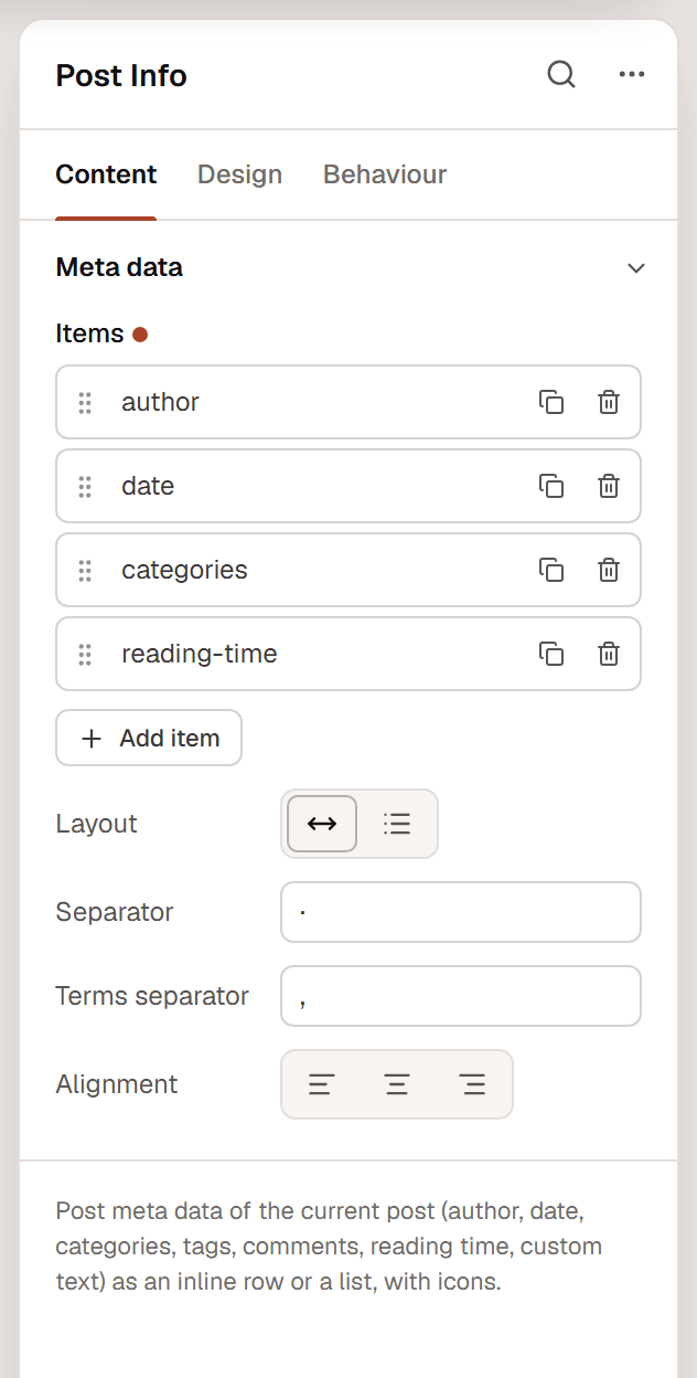 The Post Info settings with the Meta data section open, listing four items with Add item below, then Layout, Separator, Terms separator and Alignment