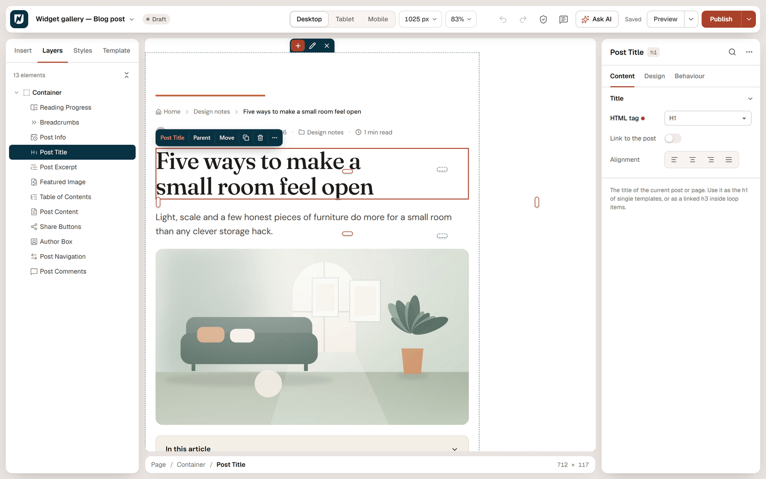 The editor with the draft template Widget gallery — Blog post open: the Layers panel lists Reading Progress, Breadcrumbs, Post Info, Post Title, Post Excerpt, Featured Image, Table of Contents, Post Content, Share Buttons, Author Box, Post Navigation and Post Comments; the canvas shows a real post and the Post Title is selected