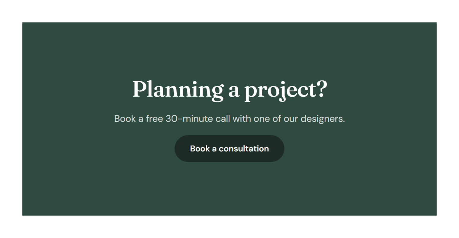 A green call-to-action section “Planning a project?” with a Book a consultation button, placed on the page with a shortcode