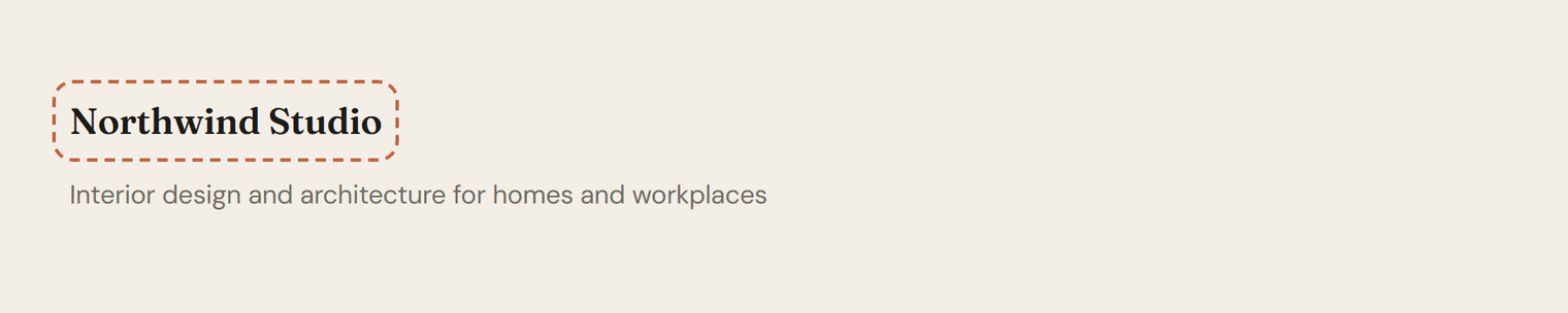 On a beige band, the site name Northwind Studio in a serif font, outlined, with the tagline Interior design and architecture for homes and workplaces below it
