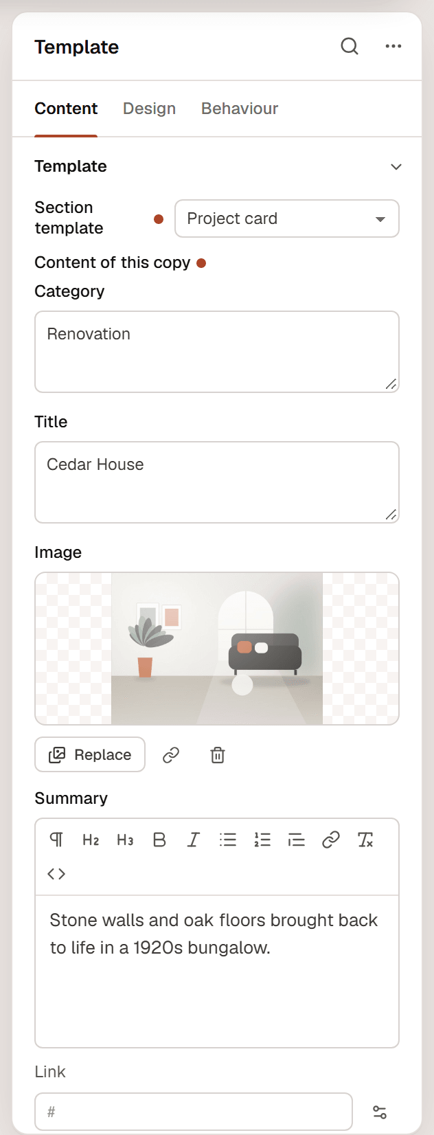 The Template widget inspector with Section template set to Project card and Content of this copy showing Category, Title, Image, Summary and Link fields filled in for Cedar House