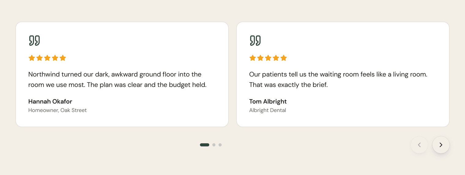 Two white testimonial cards on a beige band, each with a quote icon, five orange stars, a short quote, a name and a role, with dots and previous and next arrows below